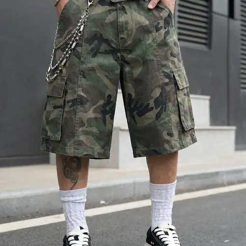 Men's Washed Camo Cargo Shorts, Camouflage Vintage American Streetwear, Loose-Fit Wide-Leg Knee-Length Shorts, Distressed Multi-Pocket, Summer Casual