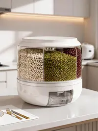 GHQ-Grid Rotating Plastic Rice Dispenser, Airtight Leak-Proof Kitchen Food Storage Utensil, Non-Glass Container with 1-Click Output for Rice, Beans