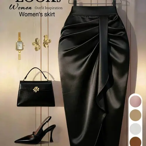 Elegant High-Waisted Ruched Split Midi Pencil Skirt, Lightweight Slim-Fitting French Satin Skirt