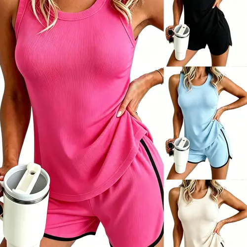 Women's Ribbed Tank Top and Shorts Set, Colorblock, Moisture-Wicking, Breathable and Comfortable, Ideal for Running and Workouts, Summer Training Wear