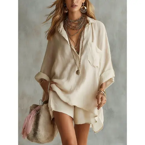 2026 Summer New Women's Fashion Cotton Linen Pockets Beach Shorts Shirt Set