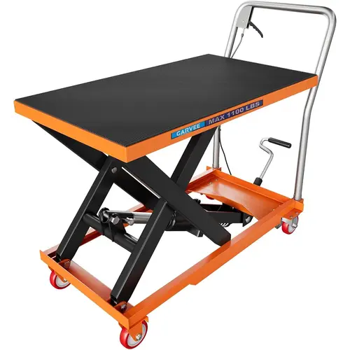 Garvee Hydraulic Lift Table Cart – Heavy Duty Manual Single Scissor Lift with 1100 lbs Capacity, 35.4" Max Height, Steel Platform, Non-Slip Pad & Locking Swivel Casters – Ideal for Warehouse, Garage, Workshop, Factory & Material Handling, Stable, Durable