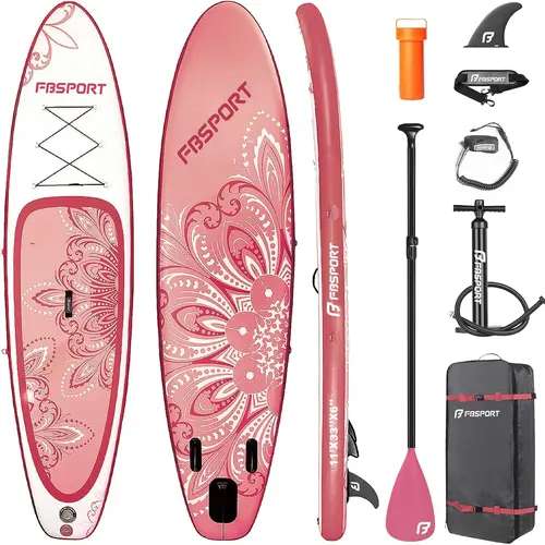 FBSPORT 11' Pink Blow Up Paddle Board for Women, Lightweight Inflatable SUP with Non-Slip EVA Deck, 350lbs Capacity for Yoga & Fishing, Complete Kit, Inflatable Paddleboard