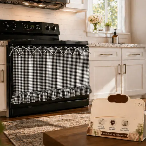 Cottagecore Farmhouse Oven Skirt and Stove Top Cover - Black and White Gingham Pattern Kitchen Decor with Ruffles, Dustproof Design, Household Dust Cover, Hob Cover