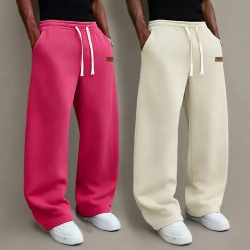 Men's 2-Piece Autumn-Winter Plain Activewear Sportswear Set - Unisex Preppy Wide-Leg Drawstring Pocket Pants, Classic Black + Light Gray Casual Holiday Hip-Hop Sweats, Stylish Personalized Bottoms