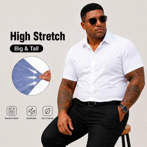 2-Pack Alimens&Gentle Men's Big & Tall Stretch Dress Shirts Short Sleeve Business Casual Button Down Shirts Up to 5XL Men's Dress Shirts Muscle Fit Menswear gifts for dad Top Plain
