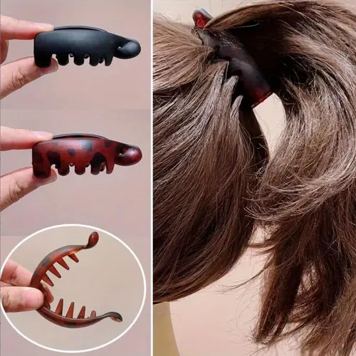 Women's 4Pcs Vintage Leopard Print Banana Shaped Hair Pins - Matte Black & Amber Curved Claw Non-Slip Casual Accessories for Ponytails, Buns, All Hair Types, Hair Accessories