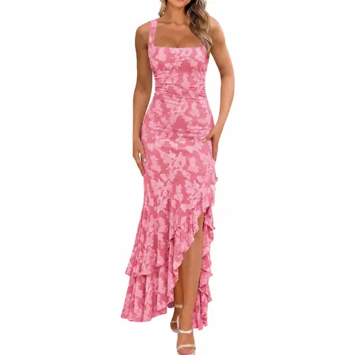 BORIFLORS Women's Chic Floral Embroidery Mermaid Maxi Dress - Sexy Square Neck Ruched Bodycon Gown for Wedding Guest, Formal Party, Birthday Outfits - Clothes, Wedding Guest Dresses, Gowns