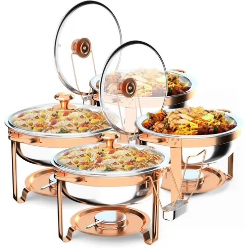 ROVSUN Chafing Dishes for Buffet 4 Pack, 6QT Round Chafing Dish Buffet Set with Glass Lid & Lid Holder, Stainless Steel Chafers and Buffet Warmers Sets for Party Wedding Catering Events