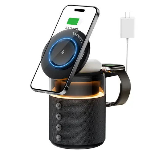 BLKE 5-in-1 Wireless Charging Station with Bluetooth Speaker Night Light 360° Stereo Sound MagSafe Fast Charger & Phone Stand  (Plug-In Required, Not a Power Bank) 33W Adapter Included Compatible with iPhone 17/16/15/14/13 Series & Earbuds & Apple Watch