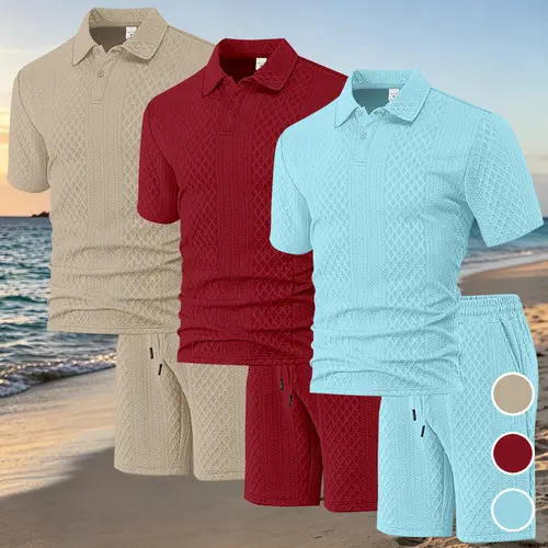 Men's 2-Piece Matching Polo & Shorts Set - Menswear Sportswear, Classic Polyester, Upgraded Anti-Snag Textured Jacquard Knit, Stretch Short-Sleeve, Breathable Fabric, Subtle Embossed Texture Feels Refined for Vacation & Daily Wear