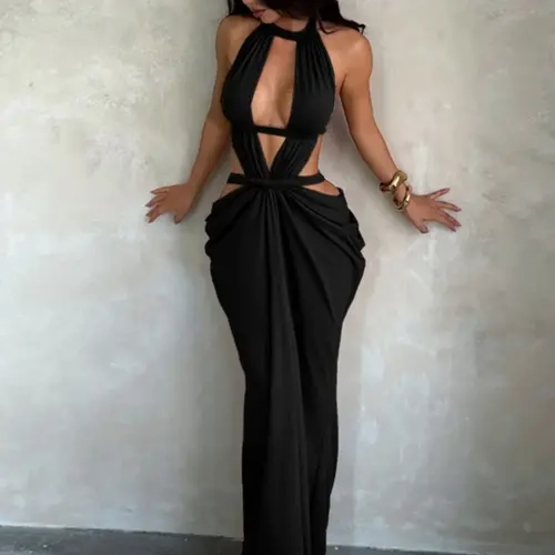 Shimmering Ribbon Cut Out Midi Dress, Elegant Hollow‑Out Design, Ideal for Autumn Occasions, Stylish Fall Wardrobe Addition