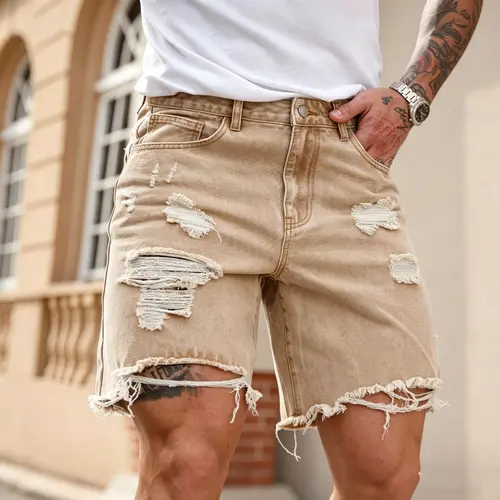 Men's Baggy Khaki Denim Jorts,Casual Loose Fit Ripped Distressed Jean Shorts,Retro Y2K Streetwear Wide Leg Skater Shorts,Summer Mud Wash Outfits