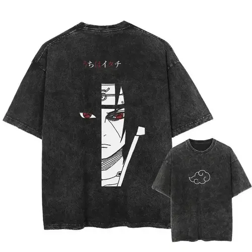 Menswear NARUTO Japanese Anime Uchiha Itachi Unisex Tshirt, Pure Cotton, Washed Distressed Vintage Y2K Harajuku Style, Loose Short-Sleeve Men's Top, Holiday Gift Menswear Tshirt Round Neck Streetwear Crewneck Casual Tropical