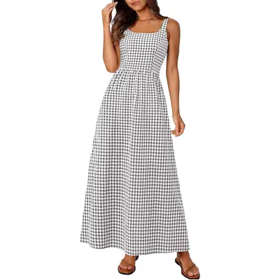 Women's 2026 Summer Spaghetti Strap Maxi Dresses Plaid Square Neck A Line Casual Beach Vacation Long SundressGift
