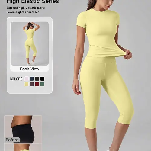 Women's 2-Piece Set, Plain Color T-Shirt and High-Waist Capris Leggings, Comfortable Daily Wear, Ideal for Spring & Summer