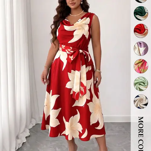 Women's Plus Size Trendy Chic Floral Print Midi Dress, Aesthetic Cowl Neck Sleeveless Tie Waist A-Line Dress, Elegant Curve Flattering Flowy Dress, Elegant Dresses, Ideal for Wedding Guest, Party and Formal Occasion, Vintage Old Money Style