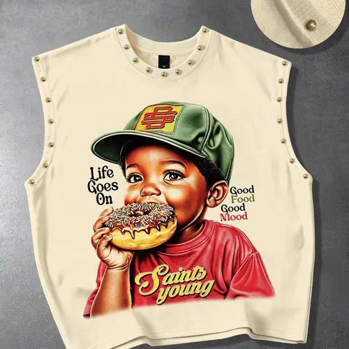 Retro donut fun cartoon boy print sleeveless short vest trendy street punk heavy metal rivet loose vest men's top European and American street beat Y2K vest women's daily versatile unisex sleeveless t-shirt vest 2026