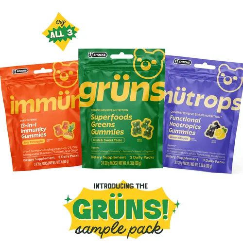 Ü Snacks Sampler Pack (9 Day Supply): Grüns Superfood Greens + Immün Immunity + Nütrops Mushroom Gummies, 3 Packs Each, 60+ Ingredients, 13 Immune Ingredients, 6 Mushroom Extracts, Gluten Free, Vegan, Third Party Tested