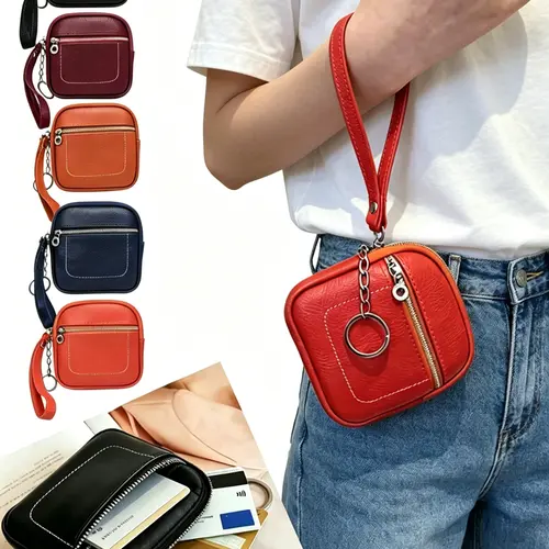 Square Mini Leather Card Wallet and Coin Purse, Zipper Lock Design, Fashion Casual Style Money Bag, Perfect Unisex Gift for All Seasons