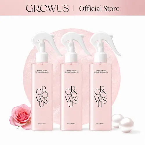 GROWUS Due Rose Damaged Hair Leave-in Treatment Spray 3-Pack (250ml) – Adult Haircare for Normal, Wavy, Dry Color-Treated Hair with Ceramide, Hydrolyzed Keratin, 7 Collagen, Pearl Extract, Rose Musk Scent, Anti-Frizz, Glossy Shine
