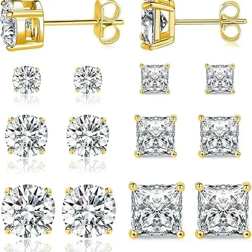 GEMESME 18 Karat White/Yellow Gold Multi-Size Studs Set (5/6 Pairs, 0.1-0.25CT, 3-8mm), Hypoallergenic Round&Princess CZ Gold Earrings, Men's Earrings Gift for Women, Everyday