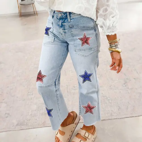Beau Blue Patriotic Sequin Stars Patch Pocket Shift Jeans