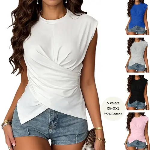 Yeokou Women's Sexy Basic Knitted Top Casual Short Sleeve Tee with Drop Shoulders Fitted Waist Wrap and Asymmetrical Hem back