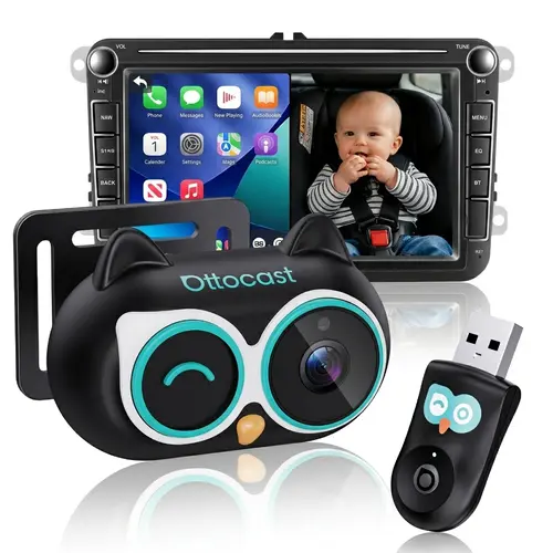 【WIRED CARPLAY AND IPHONE REQUIRED】OTTOCAST Baby Car Camera &Wireless CarPlay Adapter,1080P HD Rear Seat Monitor Display on Car Screen,150°Wide Angle No-Glow Night View, Safety for Kids & Infants