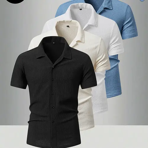 Men’s two-pack casual short-sleeve shirts, solid black/brown top with textured ruched details, loose fit, versatile summer apparel