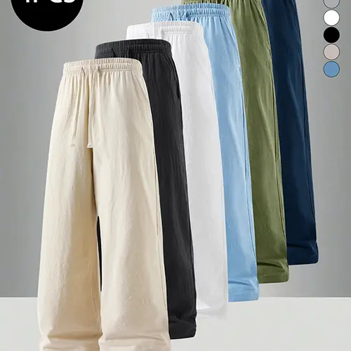 4-Pack Men’s Summer Linen Cotton Straight-Leg Pants – Casual Loose Fit, Versatile Trendy Long Pants for Men