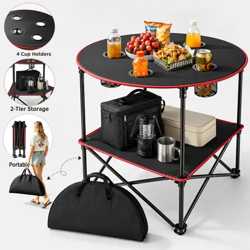 Portable Compact Picnic Table - Lightweight Foldable PE & Steel Table with 4 Cup Holders, Carry Bag, Waterproof Canvas, Double-Shelf, Anti-Slip Footing for Camping, Outdoor Gathering, Beach