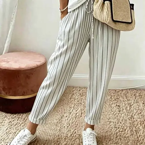 Women's Spring Summer Casual Commuter Striped Long Pants, Casual Slacks, Casual Wear Bottoms, Casual Style Bottoms, Elastic Waist Drawstring Tie, Slim-Fitting, All Seasons