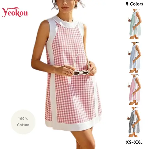 Yeokou Women's Gingham Plaid 2-Piece Casual Matching Set - Lightweight Stretchy Fabric, Round Neck Sleeveless Color Block Pullover Top, Pocketed Shorts, Basics Cute Trendy Clothes for Women