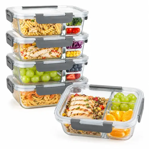 AISOON 5-Pack 36oz Borosilicate Heat-Safe Glass Meal Prep Containers with Airtight Lock Lids, 3-Compartment Bento Lunch Boxes for School, Leakproof Food Storage (Container & Lid Set), Freezer & Dishwasher Safe, Container & Lid Food Storage