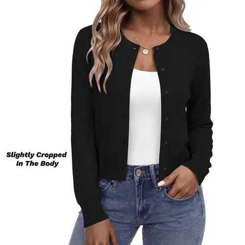 Women's Cropped Cardigan Sweater Lightweight Bolero Shrug for Dress Button Down Crew Neck Cardigan Cute Knitted Shrug Sweater Business Dressy Casual Outfits Trendy Fall Spring Fashion2026 Breathable Clothes for Casual Office Layering Cover Up Women's Tops
