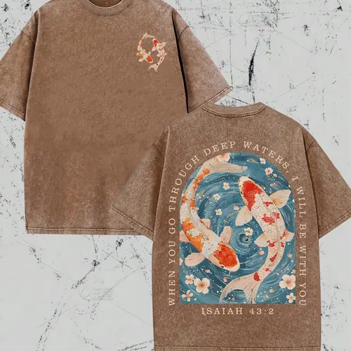 Vintage Koi Fish Christian T-Shirt, Isaiah 43:2 Scripture Washed Brown Cotton Oversized Short Sleeve Tee, Retro Faith-Based Front & Back Print Casual Crewneck Shirt