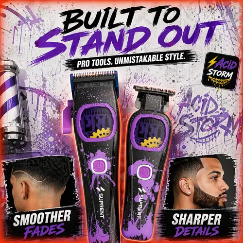 SUPRENT AcidStorm Pro Barber Clippers Set Pack - Barber Equipment, 8500 RPM Motor, Blue MIM Sharpness Blades, Cooling Function, Dual Head Charge, Suitable for All Hair Types, Home Haircut Graffiti Hair Tool