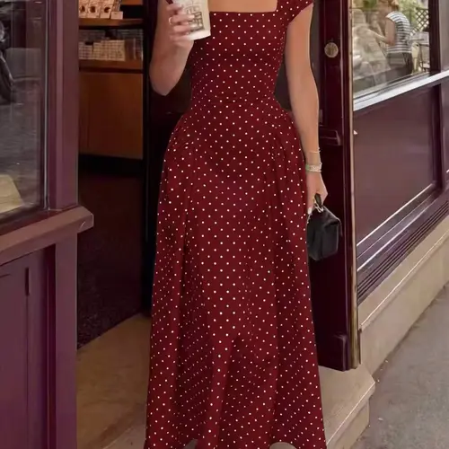 Women's Summer Polka Dot Slim Fit Short Sleeve Dress, Casual Party Dress, Elegant Lady Style, Polished Look, Waist Ruched Design, Perfect for Daily Commute and Dates