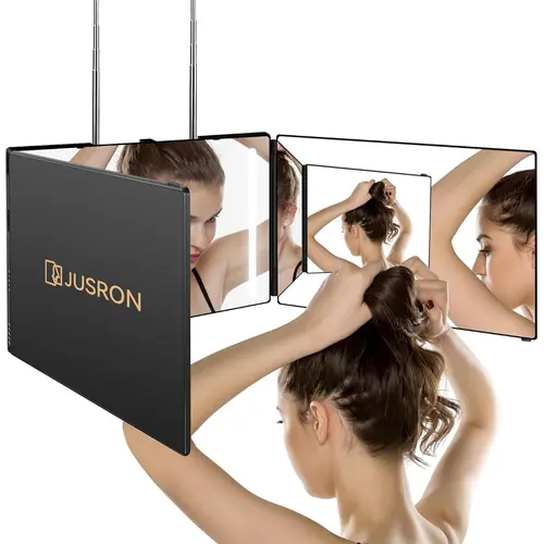 Deals For You Days！JUSRON 360° Trifold Barber Mirror, Self Haircut Mirror with Adjustable Hooks, Portable 3-Way Mirror for Men or Woman, Easy Fade & Neckline Trimming