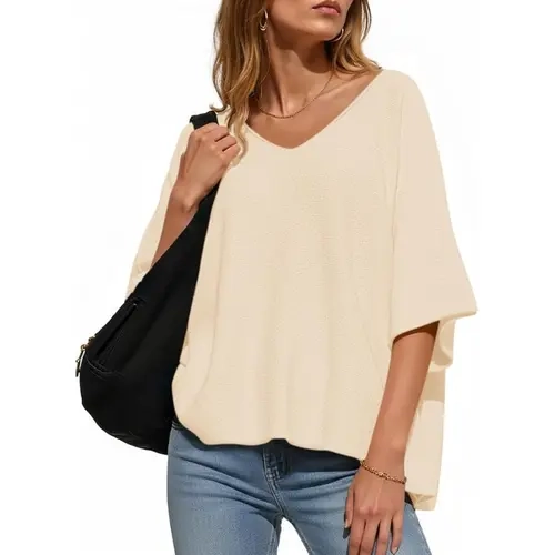 Saodimallsu Women's Minimalist Lightweight Knit Sweater - Casual Sexy V-Neck Batwing Sleeves Loose Draped Top, Buttery Soft, Women's Fashion Knitwear Clothes, Clean Girl Clothes Pullovers