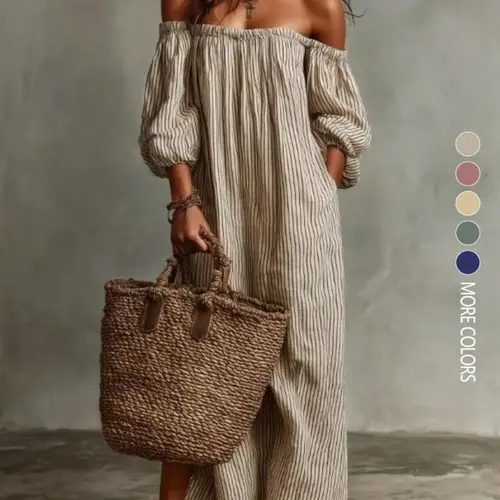 Summer New Elegant Chic Loose Off-Shoulder Striped Dress Sundress