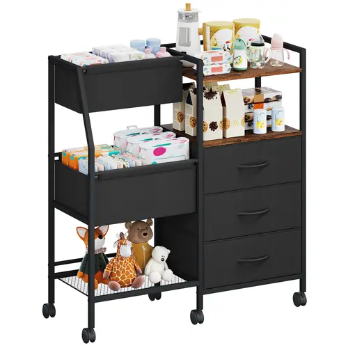 Somdot 3-Layer Rolling Baby Diaper Caddy Organizer Cart (11.4"d x 29.9"w x 31.7"h) - Assembly Required, with Dividers & Drawers, Large Capacity, Daily Essentials Storage for Nursery, Baby Showers, Charcoal Grey, Bedroom