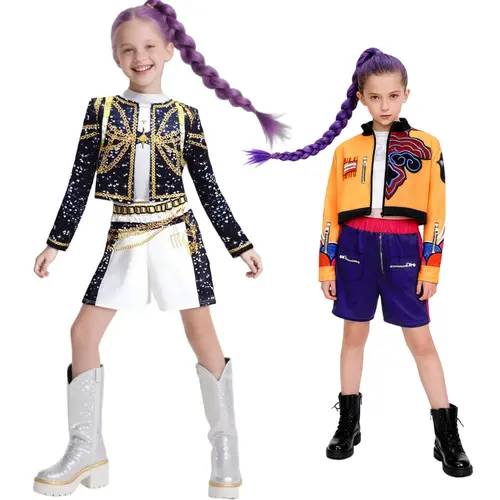 Girls K-Pop Rumi Mira Role Play Costume Set 3pcs ，3D Printed Clothing，Short Sleeve Crop Top Skirt Party Dress Up Clothes for Kids Comfortable Polyester Fabric Superstar Outfit