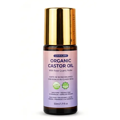 Organic Castor Oil Roll-On with Rose Quartz Ball, Multi-Use Moisturizing Oil for Hair, Scalp, Eyebrows, Lash Line & Body, Smooth Glide Massage Applicator, 50ml