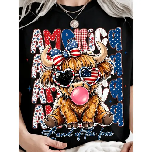 Highland Cattle, July 4th Bow, July 4th Cow, American Flag Cow, American Cowgirl, Independence Day, Fashionable Patriotic Animal.