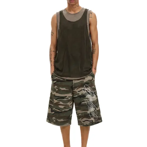 FDR Unisex Embroidered Camo Print Baggy Jorts, Vintage 3/4 Length Wide Leg Shorts, Low Waist Handwritten Graphic, Relaxed Loose Fit Streetwear Bottom for Everyday Wear, Travel and Skate Style #TikTokShopBackToSchool