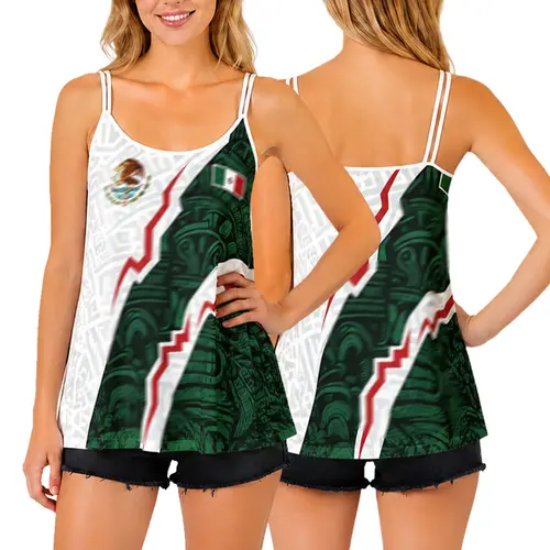 Lady's Chic Essential Lightweight Mexican-Inspired Thin Tank Top - Eagle & Ancient Ethnic Tribal Graphic Print Cami, Comfortable Spaghetti Strap Summer Swing Shirt, Patriotic Casual Party Wear, Fits S-2XL, Retro, Loose