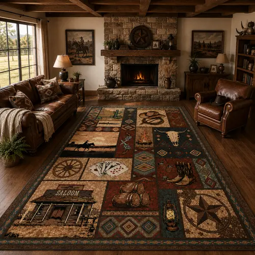 YIHOUSE Western Southwestern Area Rug, 0.24-inch Tight Low Crystal Pile Low Pile Fabric Vintage Patchwork Wild West Icons Saloon Cowboy Boots Bull Skull Print, Machine Washable Non-Slip Rustic Decor for Living Rooms, Lodge