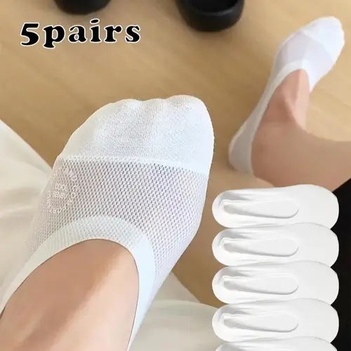 Women's 5-Pair Basic No Show Knit Socks, Lady's Comfortable Solid Color Thin Flat Breathable Mesh Boat Liners, Non-Slip Silicone Grip Polyester Everyday Casual Wear Lightweight Socks for Women (Breathable Mesh Keeps Cool)